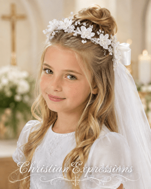 First Communion Wreath Veil with Organza Flowers Pearls