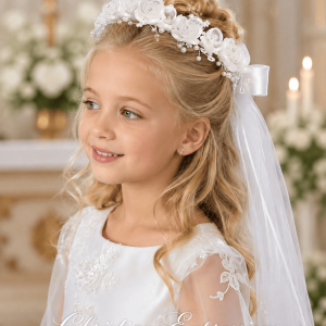 First Communion Wreath Veil with Organza Flowers Rhinestones