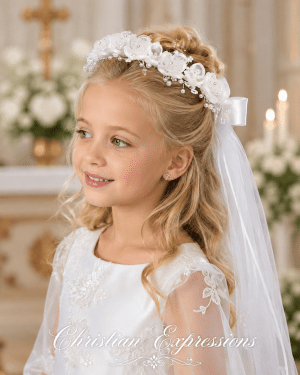 First Communion Wreath Veil with Organza Flowers Rhinestones