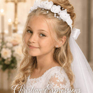 First Communion Wreath Veil with Organza Flowers, Rhinestones and Pearls