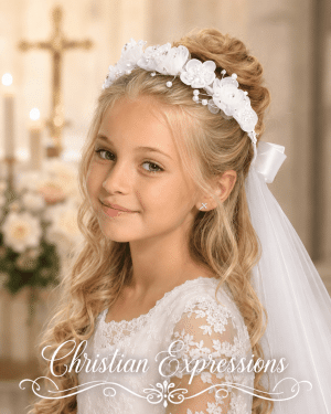First Communion Wreath Veil with Organza Flowers, Rhinestones and Pearls
