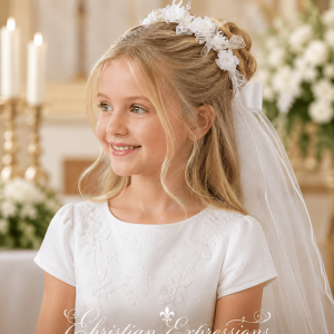 First Communion Wreath Veil with Organza Flowers and Lace Ribbon