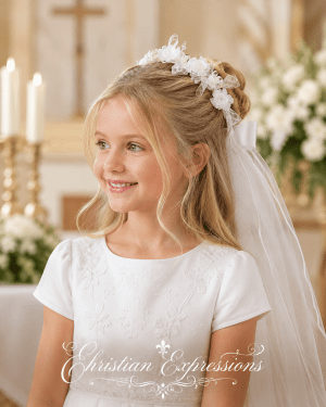 First Communion Wreath Veil with Organza Flowers and Lace Ribbon