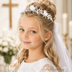 First Communion Wreath Veil with Organza Flowers and Rhinestones