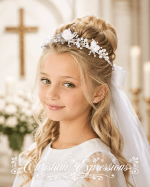 First Communion Wreath Veil with Organza Flowers and Rhinestones