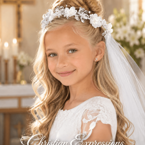First Communion Wreath Veil with Organza and Crystal Flowers