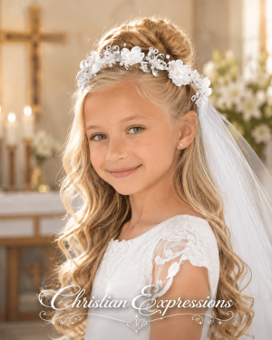 First Communion Wreath Veil with Organza and Crystal Flowers