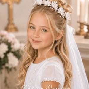 First Communion Wreath Veil with Organza and Rhinestone Flowers