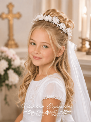 First Communion Wreath Veil with Organza and Rhinestone Flowers