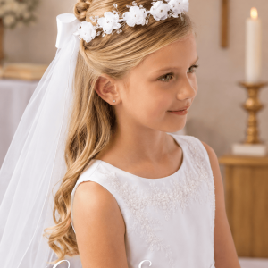 First Communion Wreath Veil with Pearl and Rhinestone Flowers