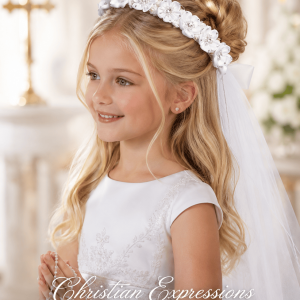 First Communion Wreath Veil with Satin Flowers Rhinestones