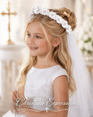 First Communion Wreath Veil with Satin Flowers Rhinestones