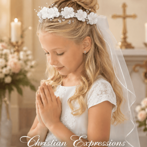 First Communion Wreath Veil with Satin Flowers and Beads
