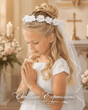 First Communion Wreath Veil with Satin Flowers and Beads