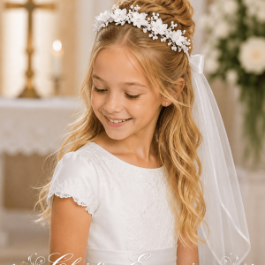 First Communion Wreath Veil with Satin Flowers and Rhinestones