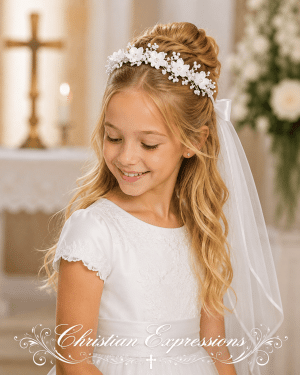 First Communion Wreath Veil with Satin Flowers and Rhinestones