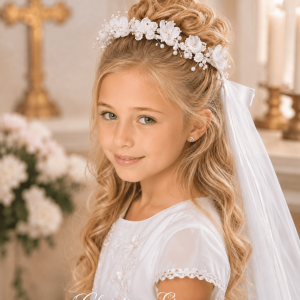 First Communion Wreath Veil with Satin and Organza Flowers