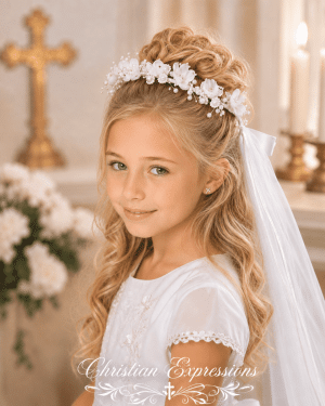 First Communion Wreath Veil with Satin and Organza Flowers