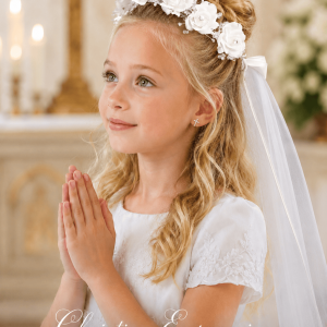 First Communion Wreath Veil with Silk Flowers and Rhinestones
