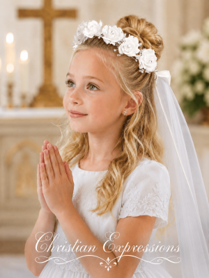 First Communion Wreath Veil with Silk Flowers and Rhinestones