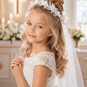 First Communion Wreath Veil with Silk and Organza Flowers
