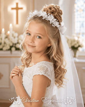 First Communion Wreath Veil with Silk and Organza Flowers