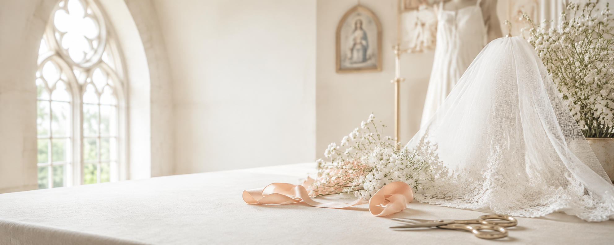 Elegant First Communion veil displayed beside a softly lit chapel window