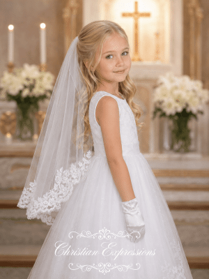 Girls Elbow-Length White Lace First Communion Veil