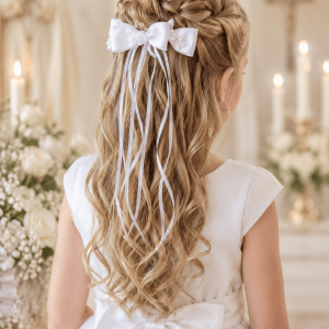 Girls First Communion Bow Hairpiece with Ribbons
