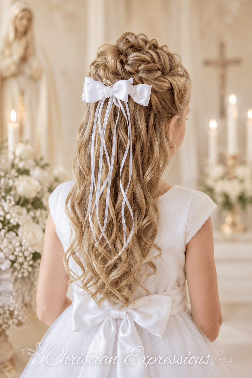 Girls First Communion Bow Hairpiece with Ribbons