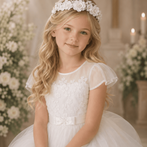 Girls First Communion Organza Flower Headpiece with Rhinestones