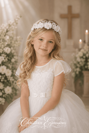 Girls First Communion Organza Flower Headpiece with Rhinestones