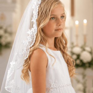 Girls First Communion Veil with Floral Lace Edge
