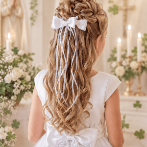 Girls Irish First Communion Bow Hairpiece with Ribbons and Shamrocks