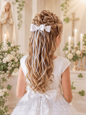 Girls Irish First Communion Bow Hairpiece with Ribbons and Shamrocks