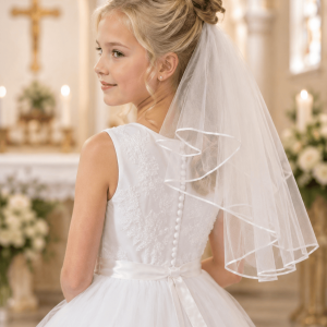 Girls Two-Tier Plain White First Communion Veil with Corded Edge