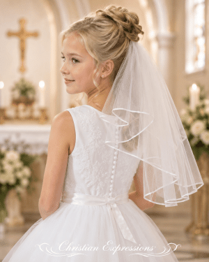 Girls Two-Tier Plain White First Communion Veil with Corded Edge