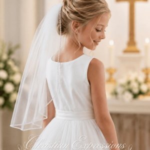 Girls White Single-Tier First Communion Veil with Pearl Edge Trim