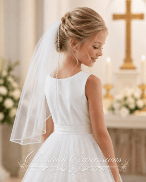 Girls White Single-Tier First Communion Veil with Pearl Edge Trim