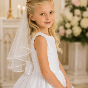 Girls White Two-Tier First Communion Veil with Pearl Edge Trim