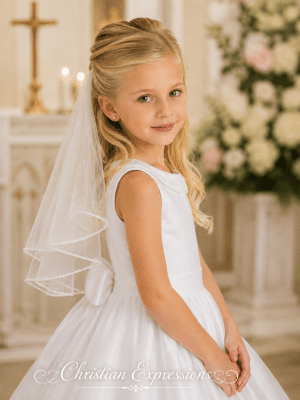 Girls White Two-Tier First Communion Veil with Pearl Edge Trim