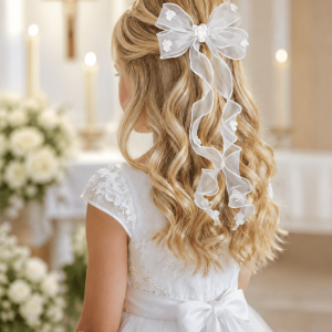 Irish First Communion Organza Bow Hairpiece with Shamrocks