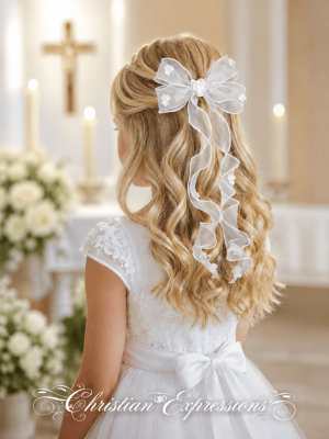 Irish First Communion Organza Bow Hairpiece with Shamrocks