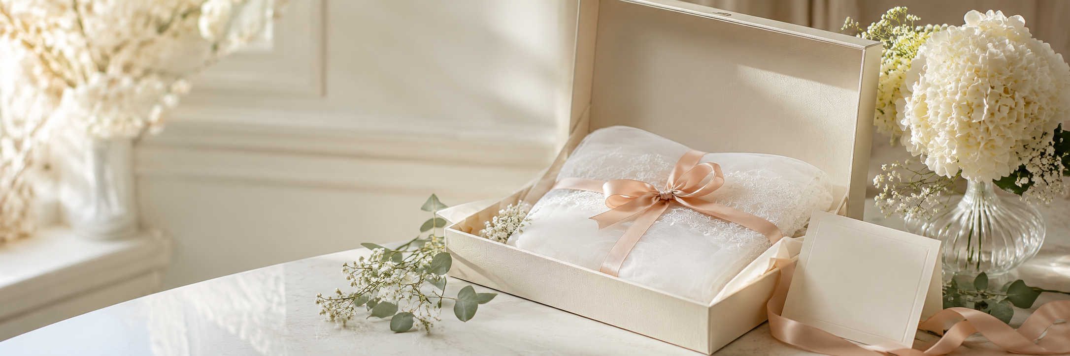 First Communion veil neatly repackaged with peach ribbon for a return or exchange