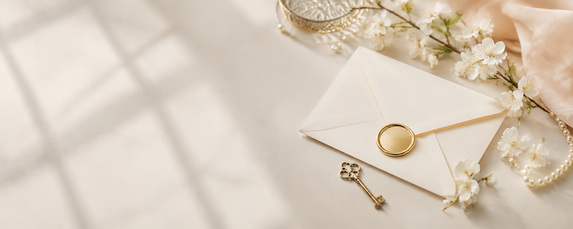 Ivory envelope with a key, pearls and peach blossoms symbolizing customer privacy