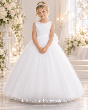 First Communion Dress with Large Pearls On Neckline