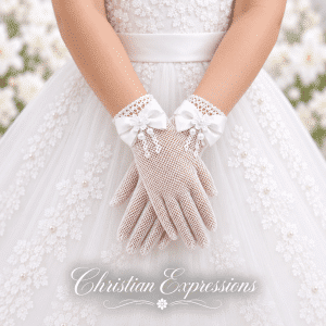 Girls Mesh First Communion Gloves with Satin Bow and Pearls
