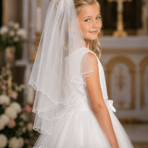 Plain First Communion Veil with Scalloped Cord Edging
