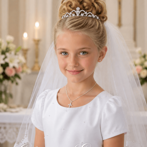 Rhinestone First Communion Tiara with Leaf Motif