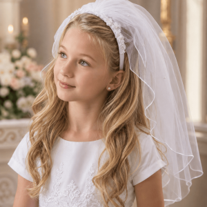Satin First Communion Headband Veil with Pearls and Flowers